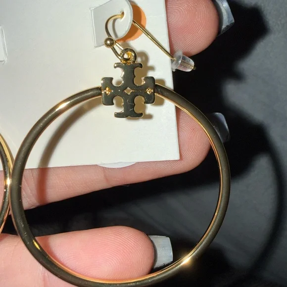 Tory Burch Gold Logo Hoop Earrings - Picture 3 of 4